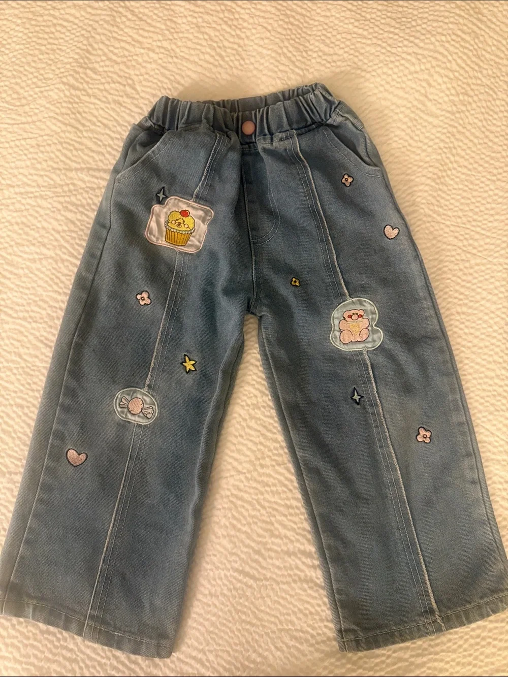 Kids Blue Denim Patchwork wide leg Pants with Cute Embroidered Details